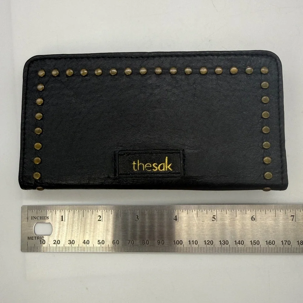 The Sak Black Leather Studded Bifold Slim Wallet Brass Accents Boho Organizer